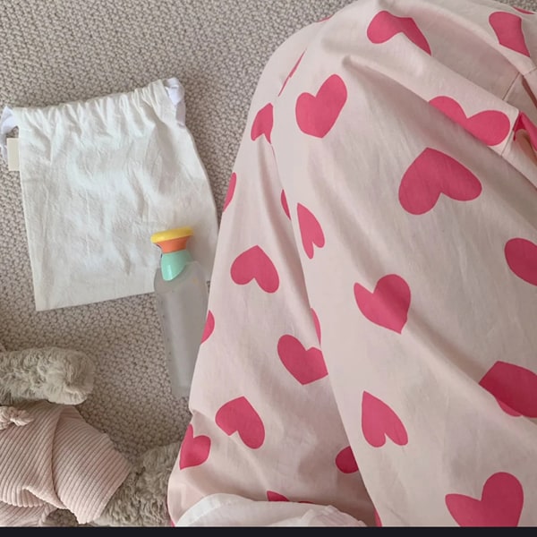 Naisten pyjama housut söpö vaaleanpunainen sydän kuvio löysä pehmeä maito kuitu tyttö pyjama pohjat kotiin kävellä nukkumassa vaaleanpunainen L