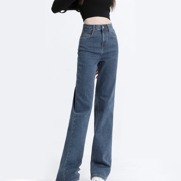 Women Straight Pants High Waist Loose Fitting Soft Cotton Casual Long Pants for Daily Wear Medium Blue 29