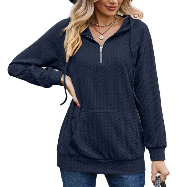 Women Hoddie Pure Color Long Sleeve Quarter Zip Pullover Tops with Front Big Pockets for Autumn Winter Navy Blue L