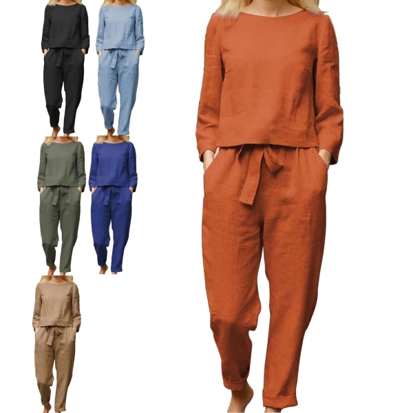 Women Long Top Pants Set Pure Color Round Neck Long Sleeve Elastic Waisted Two Piece Set Orange XXL