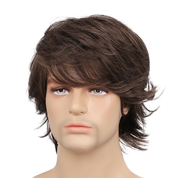 Kort peruk för män med lång lugg Justerbar Brun Mjuk Simulering Syntetiskt rakt hår för män för Cosplay