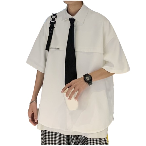 Men Short Sleeve Shirt Casual Button Down Turn Down Collar Fashionable Summer Blouse for Daily Wear White XL