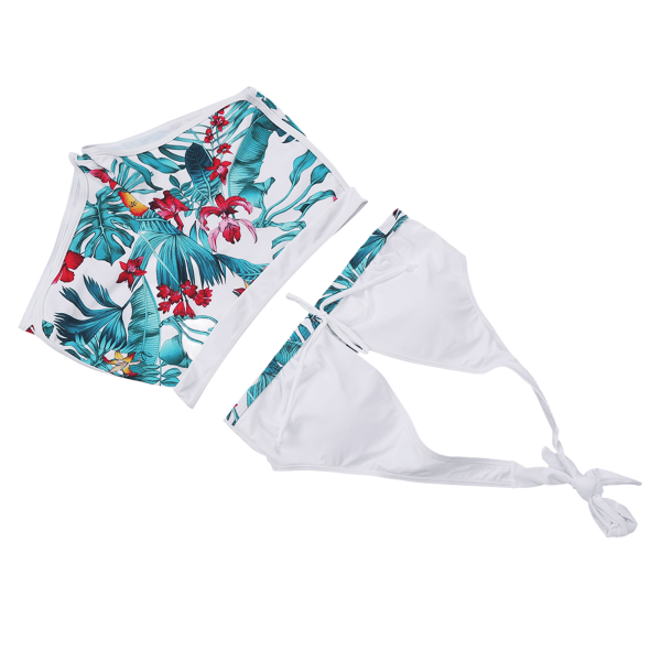 Damer 2-delt badedragt med halter-v-hals, høj talje, blomsterprint, trådløs, polstret bikini-badedragt, S