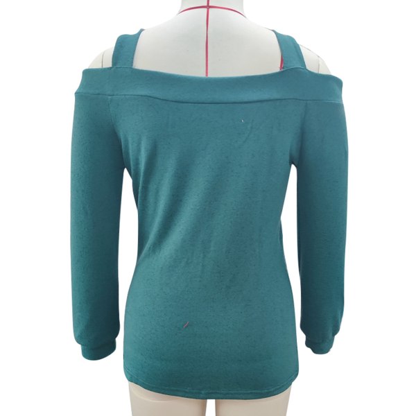 Kvinnor Långärmad topp kalla axlar ihålig halsringning Ren färg Casual T-shirt för dagligt bruk Grön L