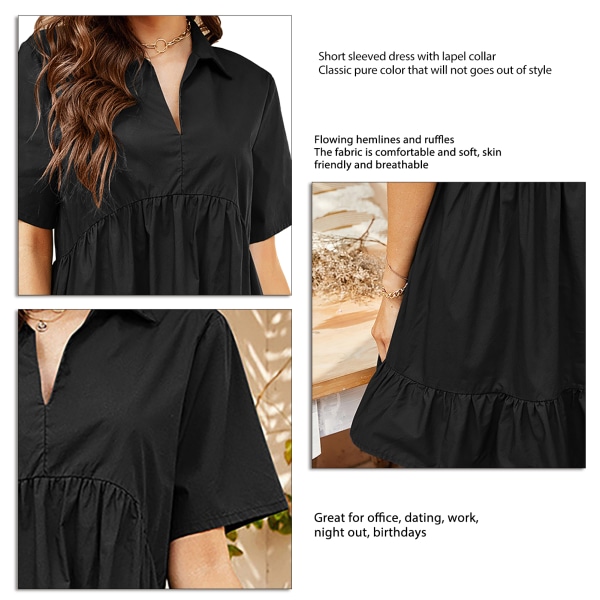 Dress Short Sleeve V Neck Lapel Pure Color Flowy Hem Comfortable Fashionable Dress for Women Black XL