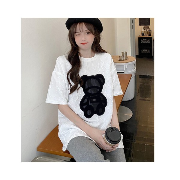 Women T Shirt Round Neck Embossed Letters Bear Pattern Loose Fit Lady Students Short Sleeve Top for Summer White L