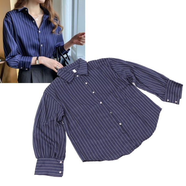 Women Striped Button Up Shirt Long Sleeves Turn Down Collar Loose Fit Dressy Casual Top Blue XXL