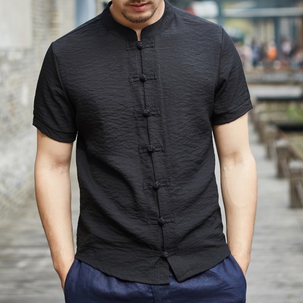 Traditionell kinesisk skjorta med knappar för män, kortärmad, casual Slim Fit-topp svart L