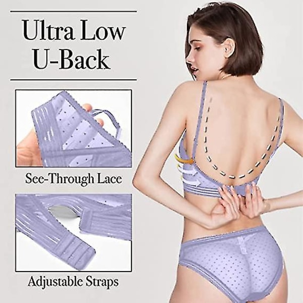 Low Back Wireless Lifting Lace BH, U-formad BH Push Up Purple L