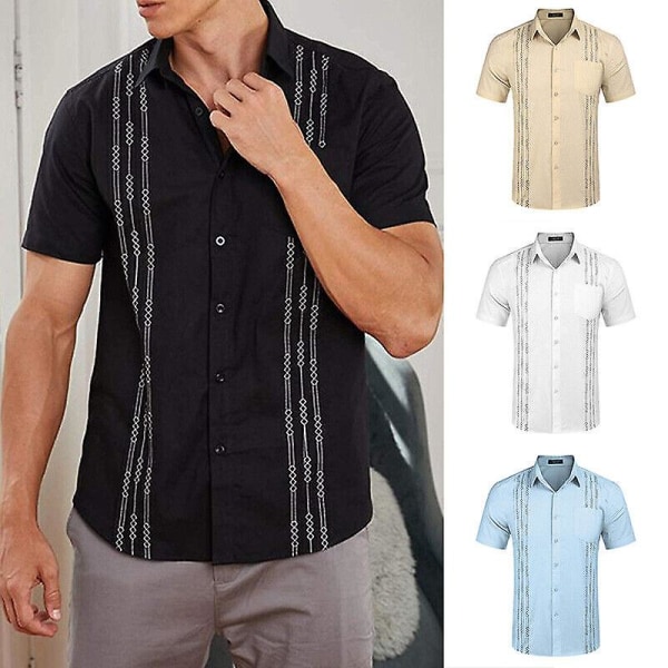 Uk mäns kubanska strandbröllop Casual kortärmad Guayabera Black L