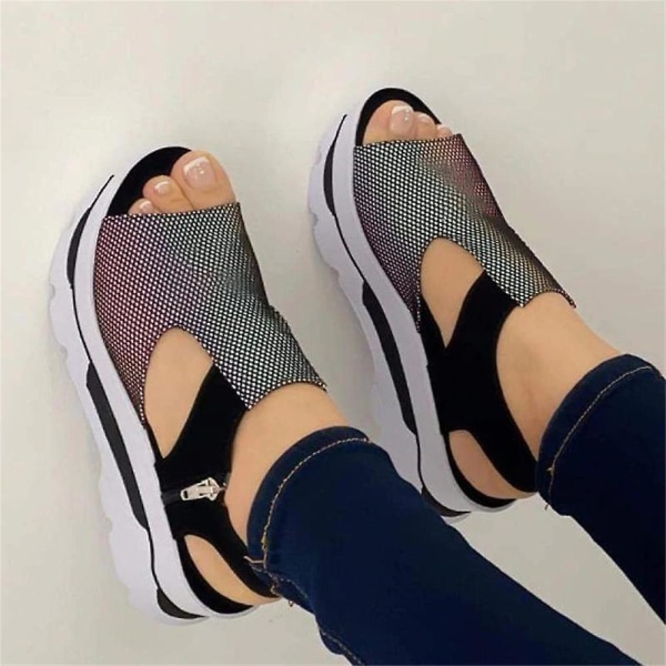 Kvinna Chunky Platform Sandaler Peep Toe Slip-on Skor Pu Made Black 39