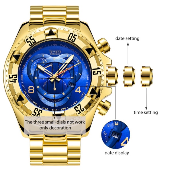 Gold Big Dial Herr Quartz Watches Vattentät Armbandsur Hane