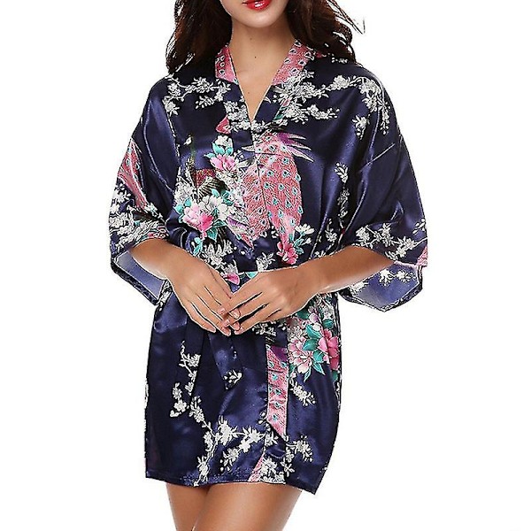 Kvinnor Blommig Siden Satin Kimono Robe Klänning Sovkläder Badrock Navy Blue XL