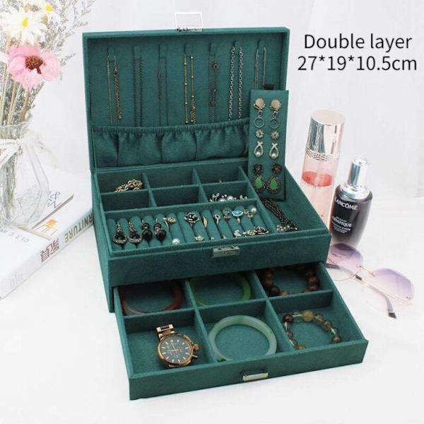 3-lagers grön flanell Stud Smycken Organizer Stor Ring