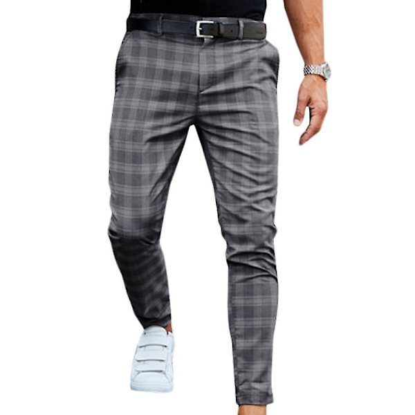 Män Rutig Chino Byxor Casual Business Formell Skinny Fit Dark Grey XL