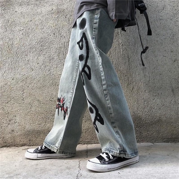 Män Emo Harajuku Streetwear Alt Dam Jeans Hip Hop Wide Leg