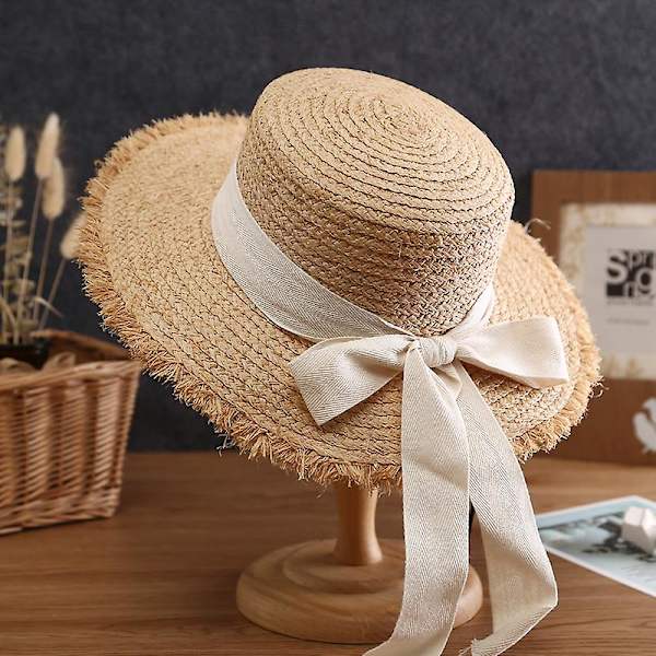 2022 Sommar Solhatt Rosett 100% raffia Hatt Solskydd Dam White 56-58cm