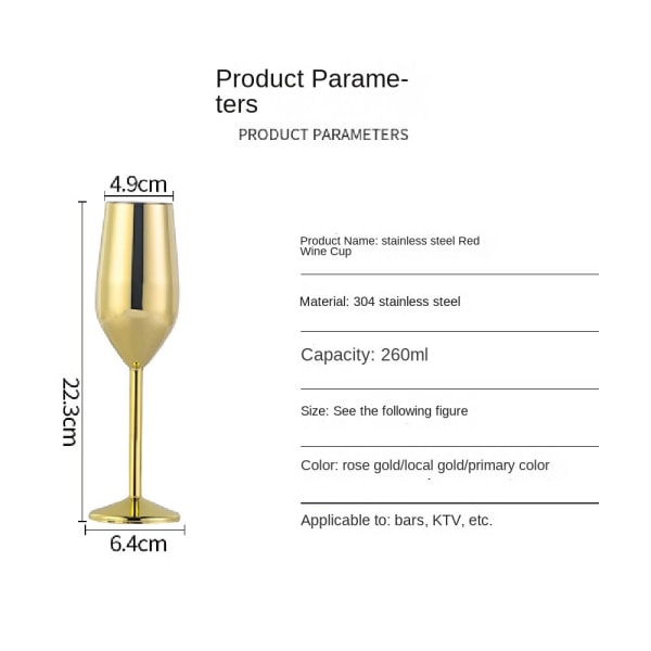 Champagneglas i rostfritt stål, hög fot i europeisk stil Gold