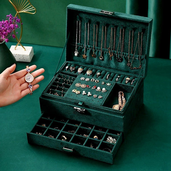 3-lagers grön flanell Stud Smycken Organizer Stor Ring