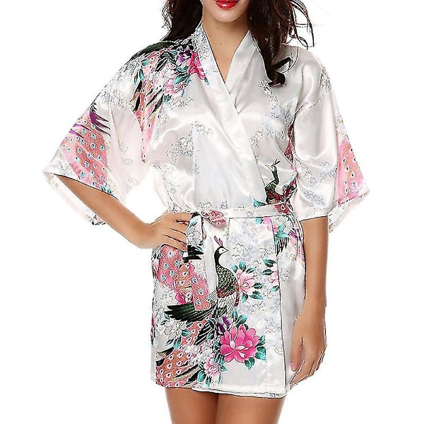 Kvinnor Blommig Siden Satin Kimono Robe Klänning Sovkläder Badrock White L