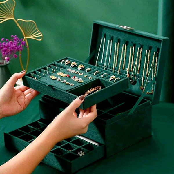 3-lagers grön flanell Stud Smycken Organizer Stor Ring