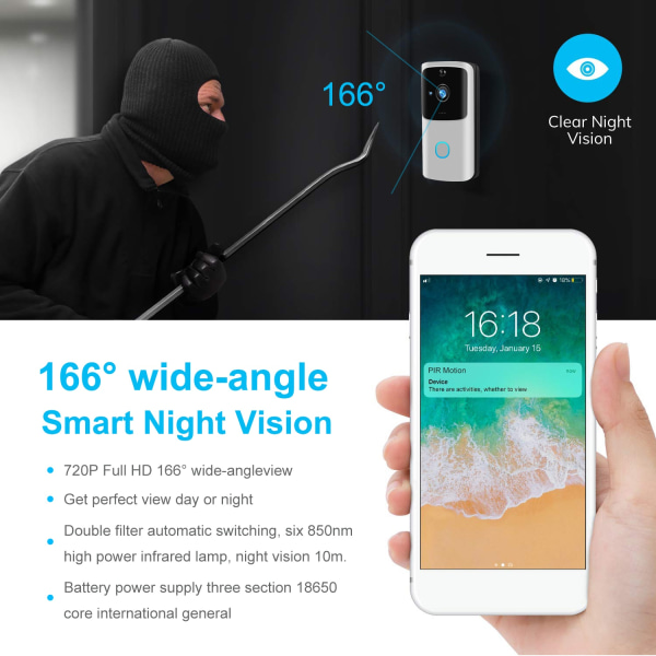 1PC Infraröd Night Vision Home Video Dörrklocka, WiFi Smart,