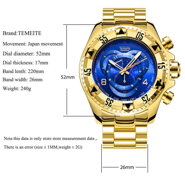 Gold Big Dial Herr Quartz Watches Vattentät Armbandsur Hane
