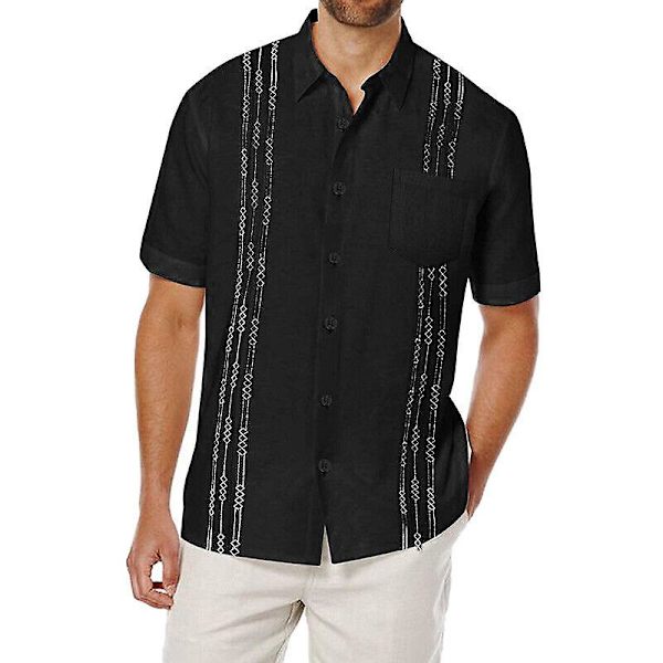 Uk mäns kubanska strandbröllop Casual kortärmad Guayabera Black 3XL