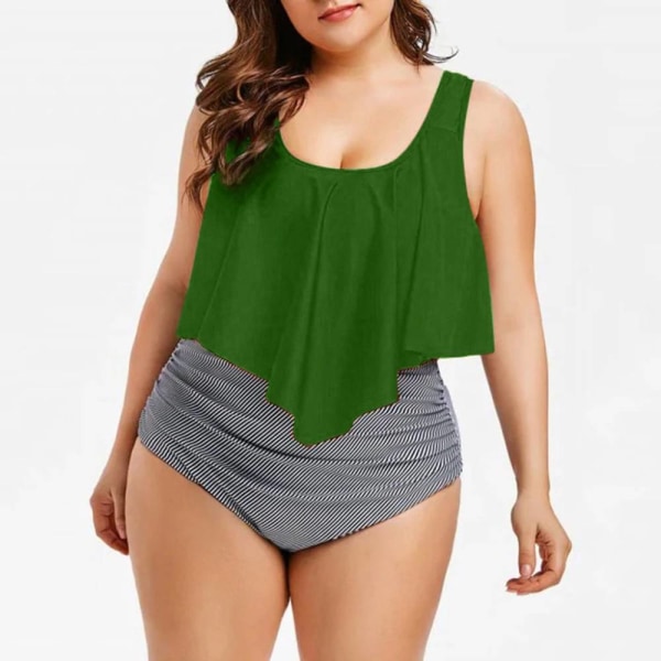 Plus Size delad bikini, printed volang sexig hög midja Green XL