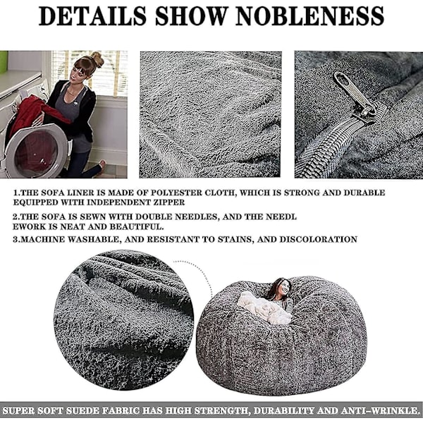 Bean Bag Chair Cover, mjuk fluffig päls bärbar latsoffa Light Grey 135x65cm