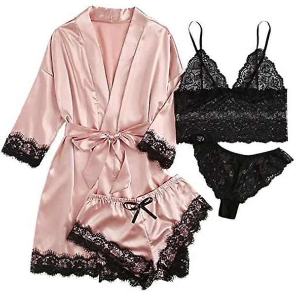 Sovkläder för kvinnor 4st Blommor Spets Trim Satin Cami Pyjamas Pink M