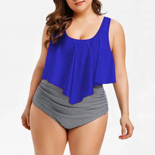Plus Size delad bikini, printed volang sexig hög midja Blue L