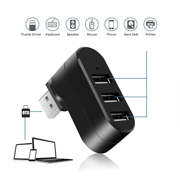 USB 2.0 Hub 3 Portar USB Hubs Mini Rotate Splitter Adapter