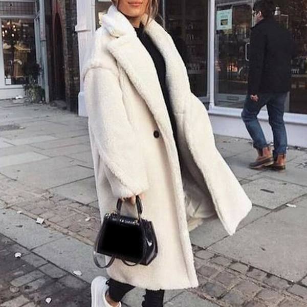 Dam Fluffy Teddy Bear Maxi Long Coat Jacka Overcoat Khaki M