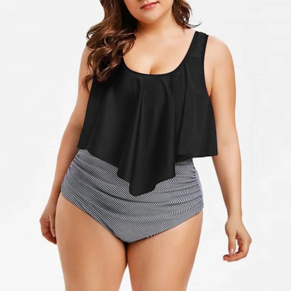 Plus Size delad bikini, printed volang sexig hög midja Black XL