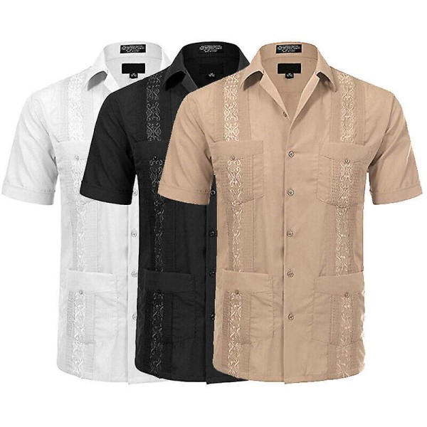 Guayabera Mens Kuban Beach Bröllop Kortärmad Knäppning Black 2XL