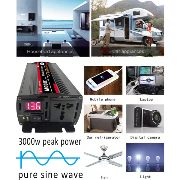 3000W 24V till 220V Pure Sine Wave Power Inverter Solar