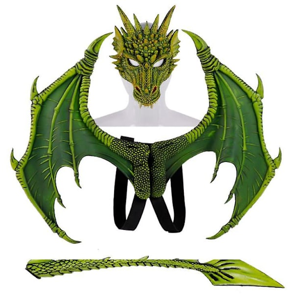 Kids Dragon Wings Kostym, Dinosaur Tail Mask Set, Cosplay Green