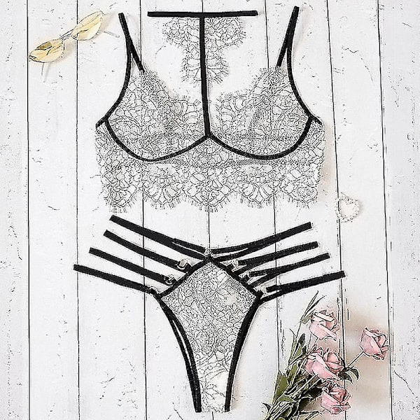 Kvinnor Sexig Spetsbandage Underkläder Set Babydoll Nattkläder White M