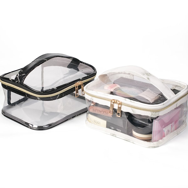 PU kosmetisk väska, PVC transparent marmormönster Vattentät Black