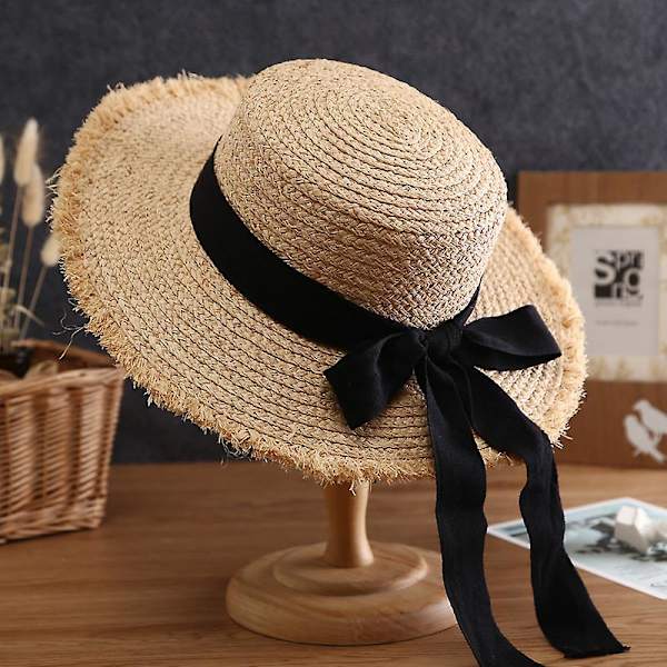 2022 Sommar Solhatt Rosett 100% raffia Hatt Solskydd Dam Black 56-58cm