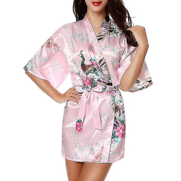 Kvinnor Blommig Siden Satin Kimono Robe Klänning Sovkläder Badrock Pink M