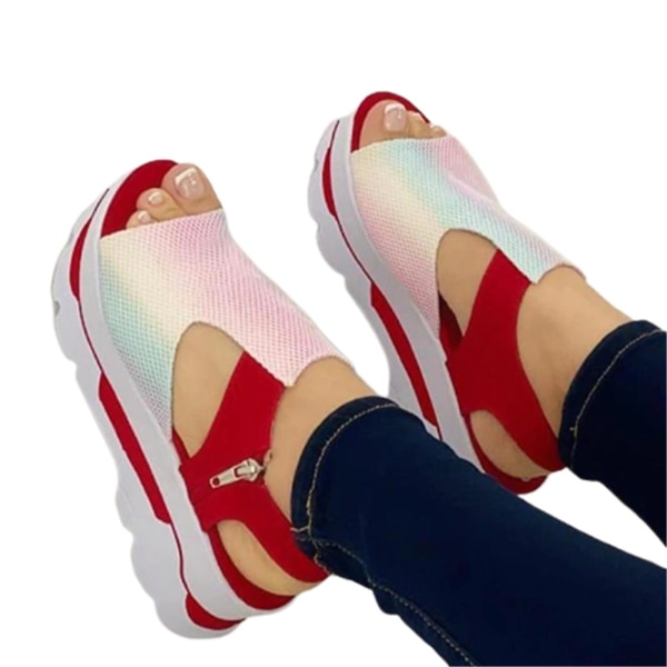 Kvinna Chunky Platform Sandaler Peep Toe Slip-on Skor Pu Made Red 41