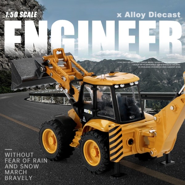 1:50 Diecast Back Hoe Loader 4-hjulslegering grävmaskin modell