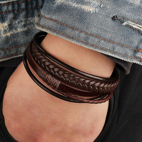Mode lädersnöre, handvävt armband, herrarmband Brown