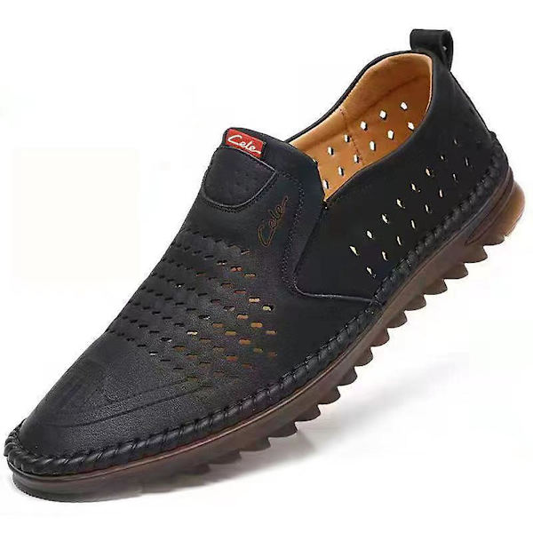 Mjuka Pu-läderskor för män Slip On Handgjorda Flat Business Black Cutout 44