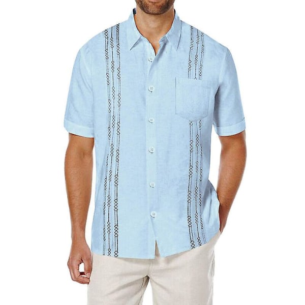 Uk mäns kubanska strandbröllop Casual kortärmad Guayabera Light blue 3XL