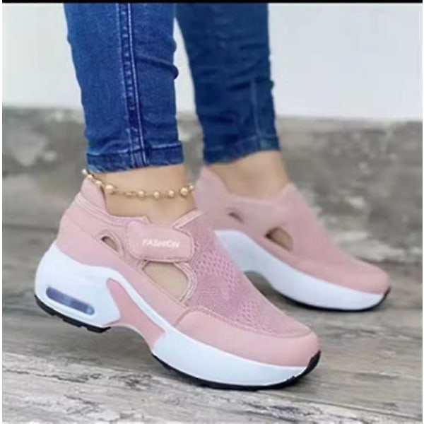 Ortopedisk luftkuddad sula flygande vävda sneakers för kvinnor Pink 38