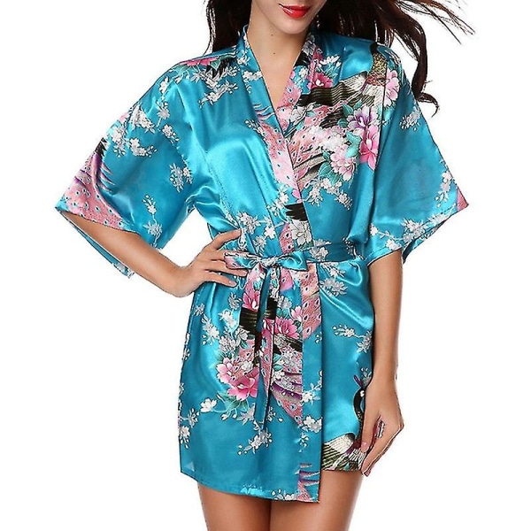 Kvinnor Blommig Siden Satin Kimono Robe Klänning Sovkläder Badrock Lake Blue L