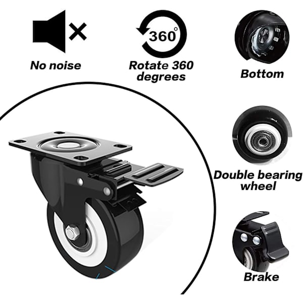 4-pack 50mm hjul med broms, 4 st svängbara hjul för